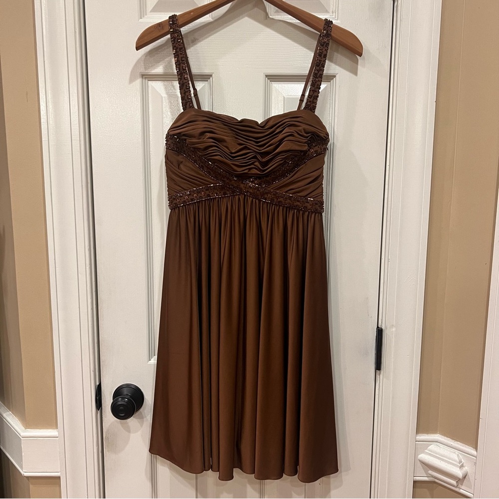 Vintage Y2K Cache Brown Beaded Dress Ruched Top Embellished Fairy Ethereal